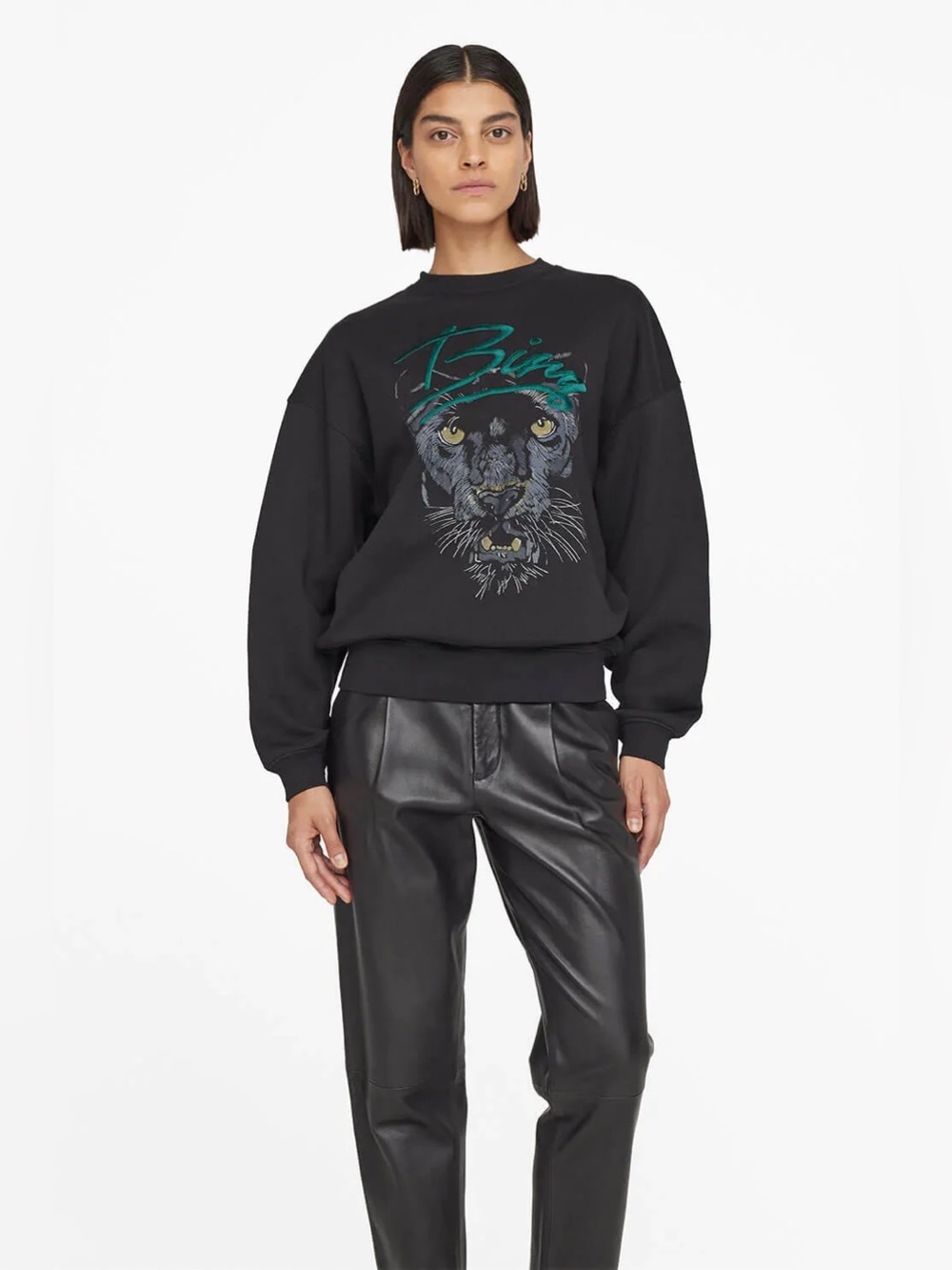Anine Bing Kenny Panther Sweatshirt in Washed Black— Womens Large